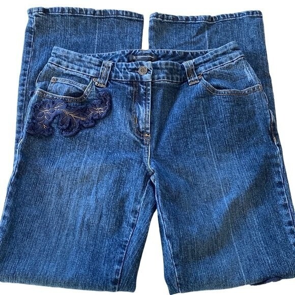 INC Floral Embroidered Boot Cut Distressed Jeans Mid-Rise Stretch Cottagecore - Picture 14 of 16